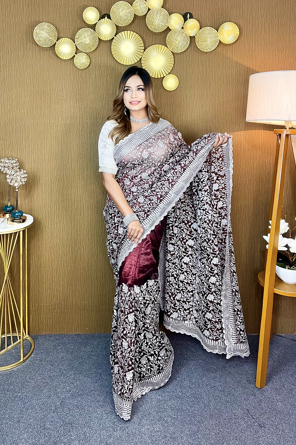 Soft Chomok Deep Merun Chiffon Georgette Saree with Washable Siroski Stone Work